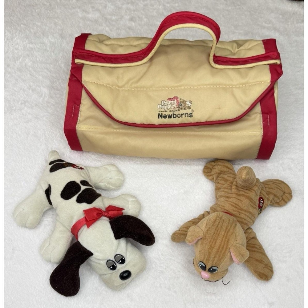 Vintage Pound Puppies Newborns Carrier Kennel Case W/ Brown Puppy Set Tonka 1985